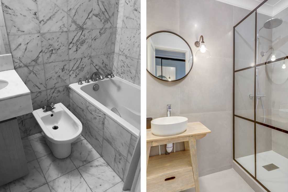 Avant - après : Rénovation d'une salle de bain par un architecte d'intérieur en Gironde